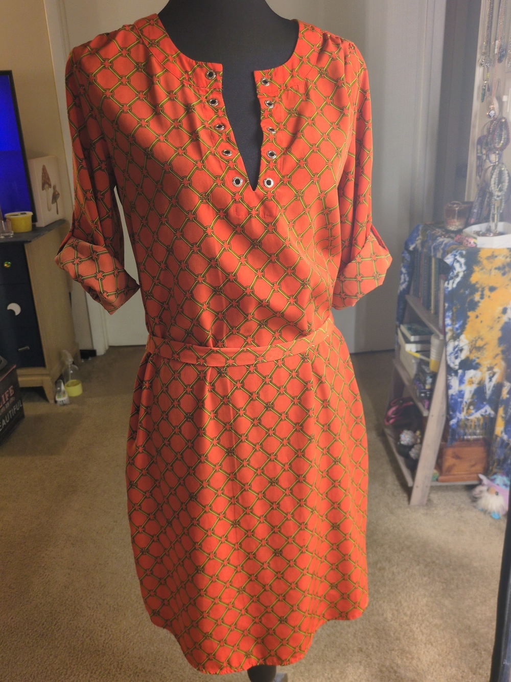 MICHAEL Michael Kors Orange Chain-Link Print Midi Dress